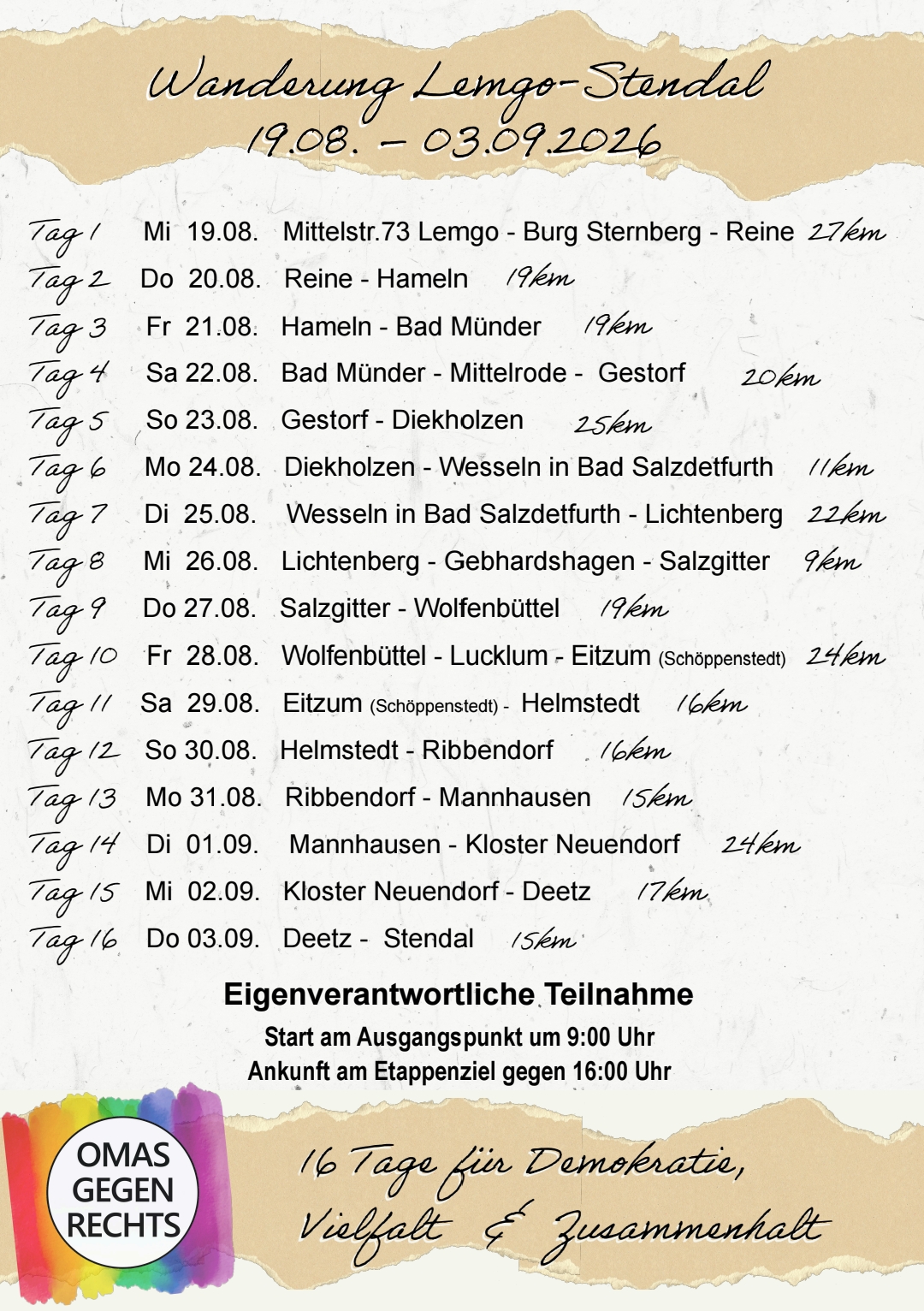 Wanderung der Omas gegen Rechts von Lemgo zur Partnerstadt Stendal in 16 Etappen
