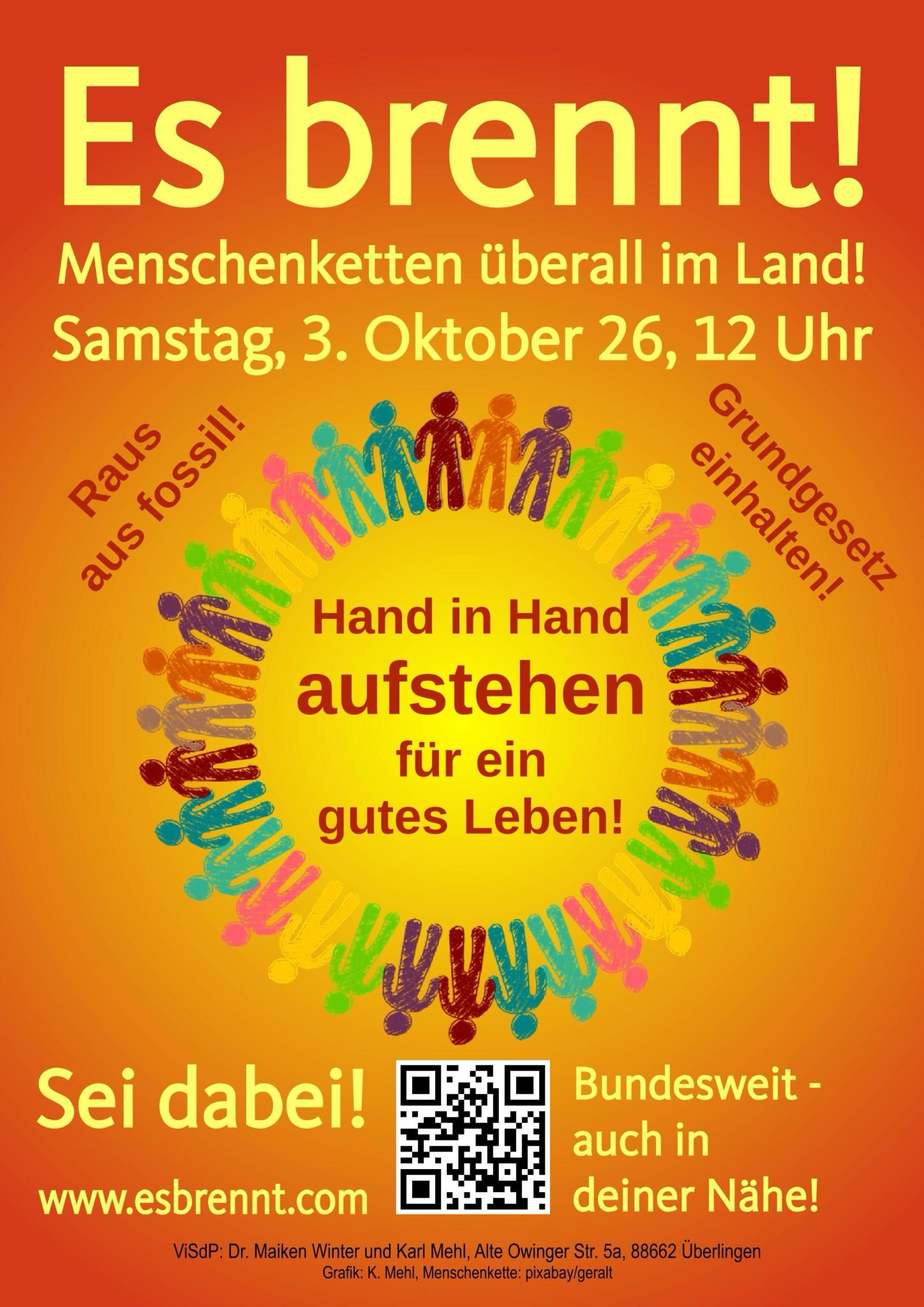ES BRENNT - Menschenketten für den Erhalt unserer Lebensgrundlagen. Am 3. Oktober 2026, überall im Land.