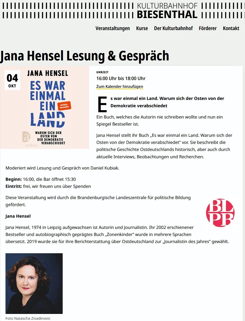 Jana Hensel Lesung & Gespräch: Es war einmal ein Land. Warum sich der Osten von der Demokratie verabschiedet